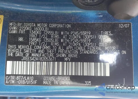 2008 Toyota Highlander Limited z USA, uszkodzony, nr VIN JTEES42A182053671